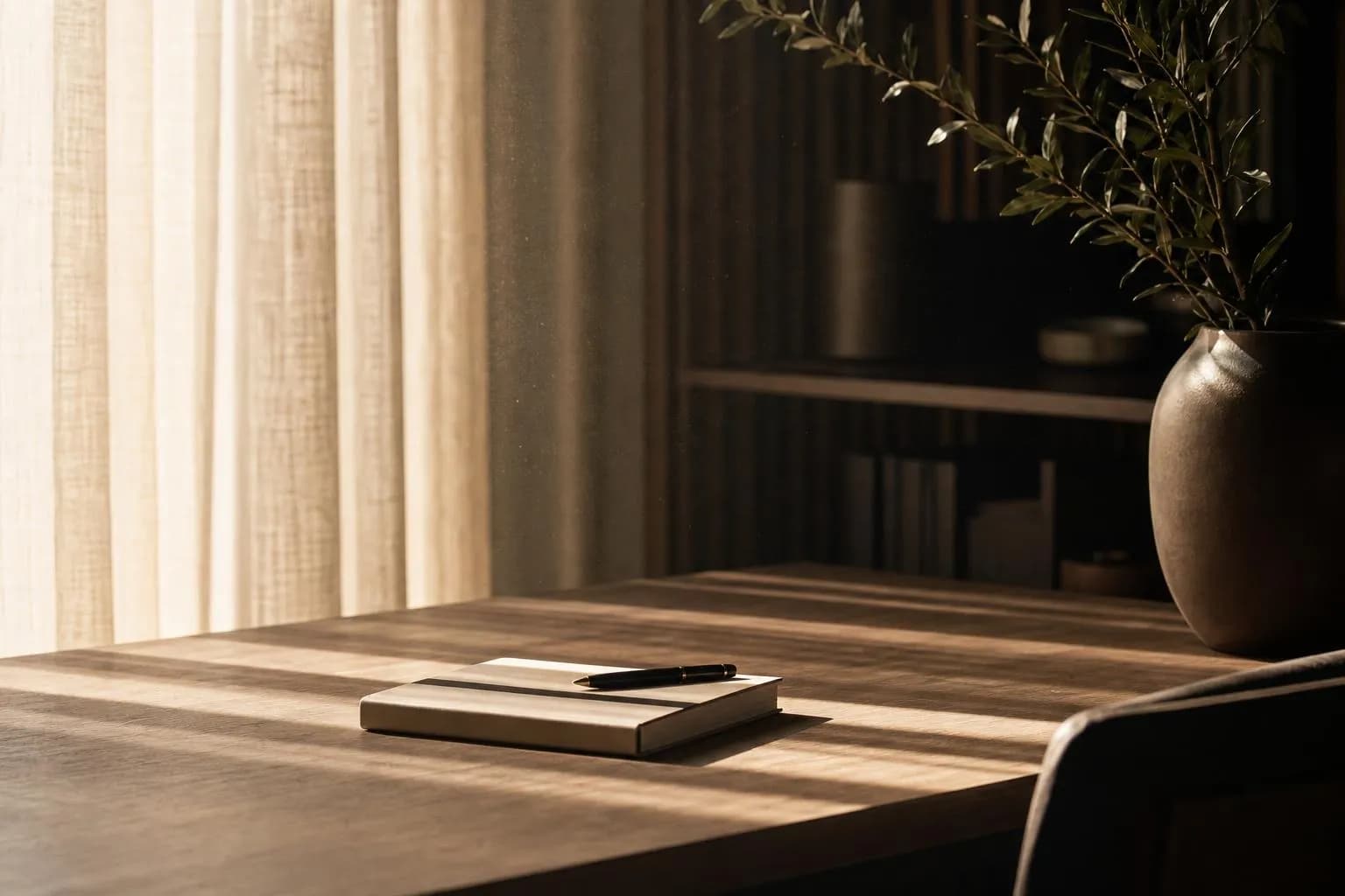 Soft sunlight through sheer curtains casting geometric shadows across a minimalist wooden surface