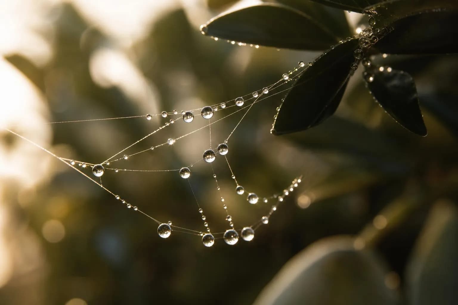 Dewdrops on a spider web between green leaves, catching soft golden light