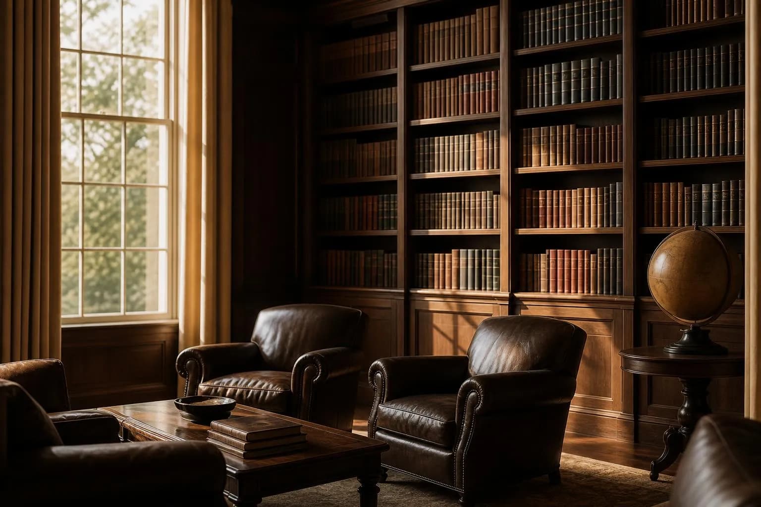 Warm-lit private library with leather chairs, antique globe, and floor-to-ceiling books.