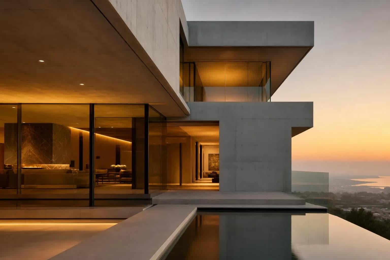 Modernist villa exterior with geometric concrete and glass facade at golden hour.