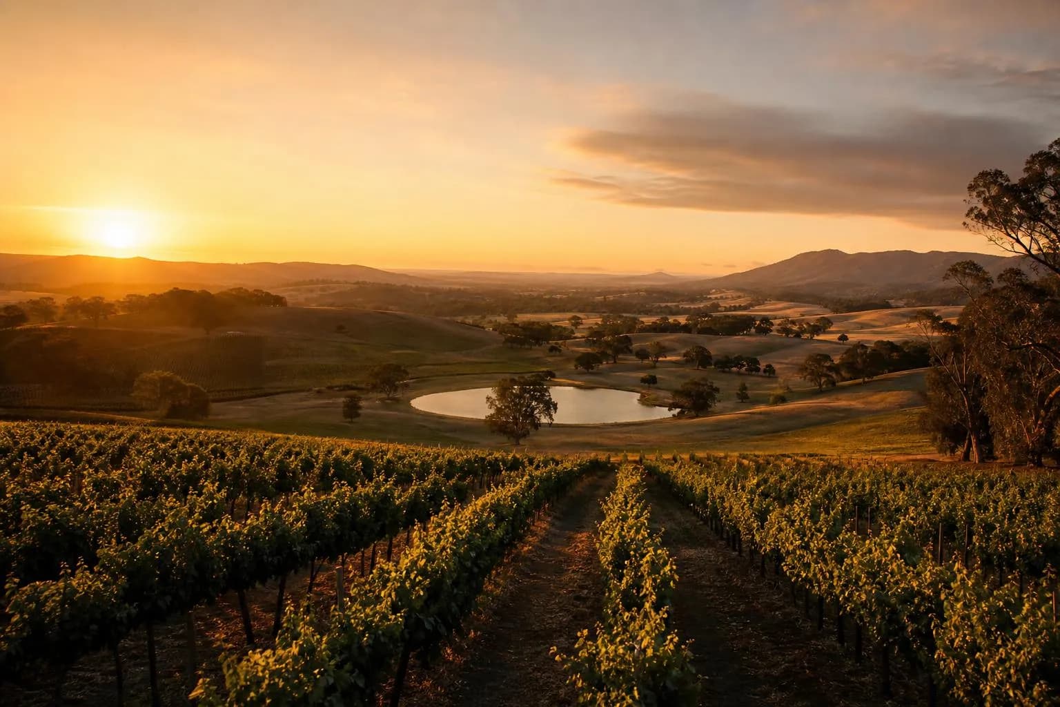 Rolling vineyard estate bathed in golden-hour sunlight, long shadows stretching across orderly rows toward the horizon.
