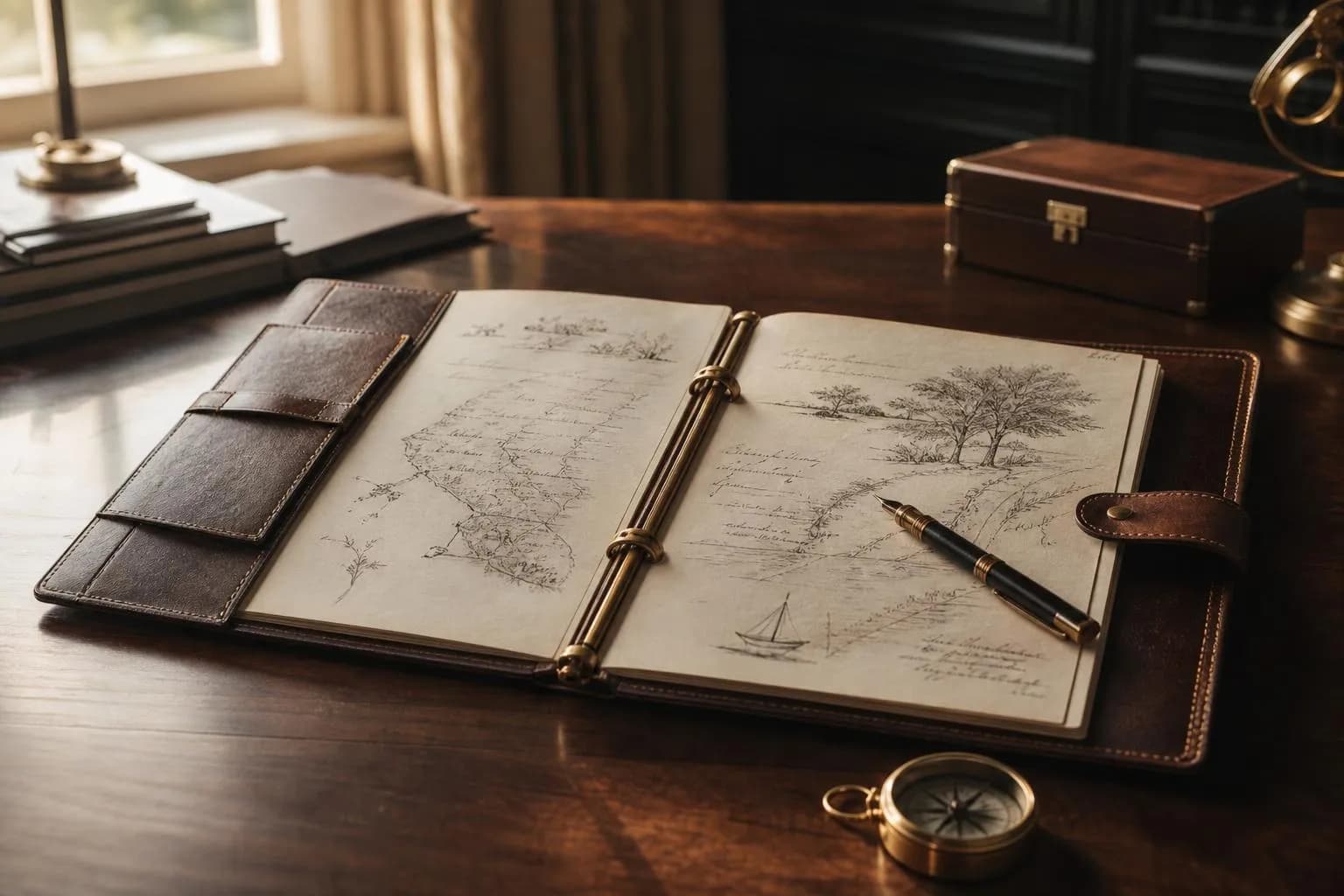 Leather portfolio with handwritten notes and brass compass on walnut desk in soft natural light