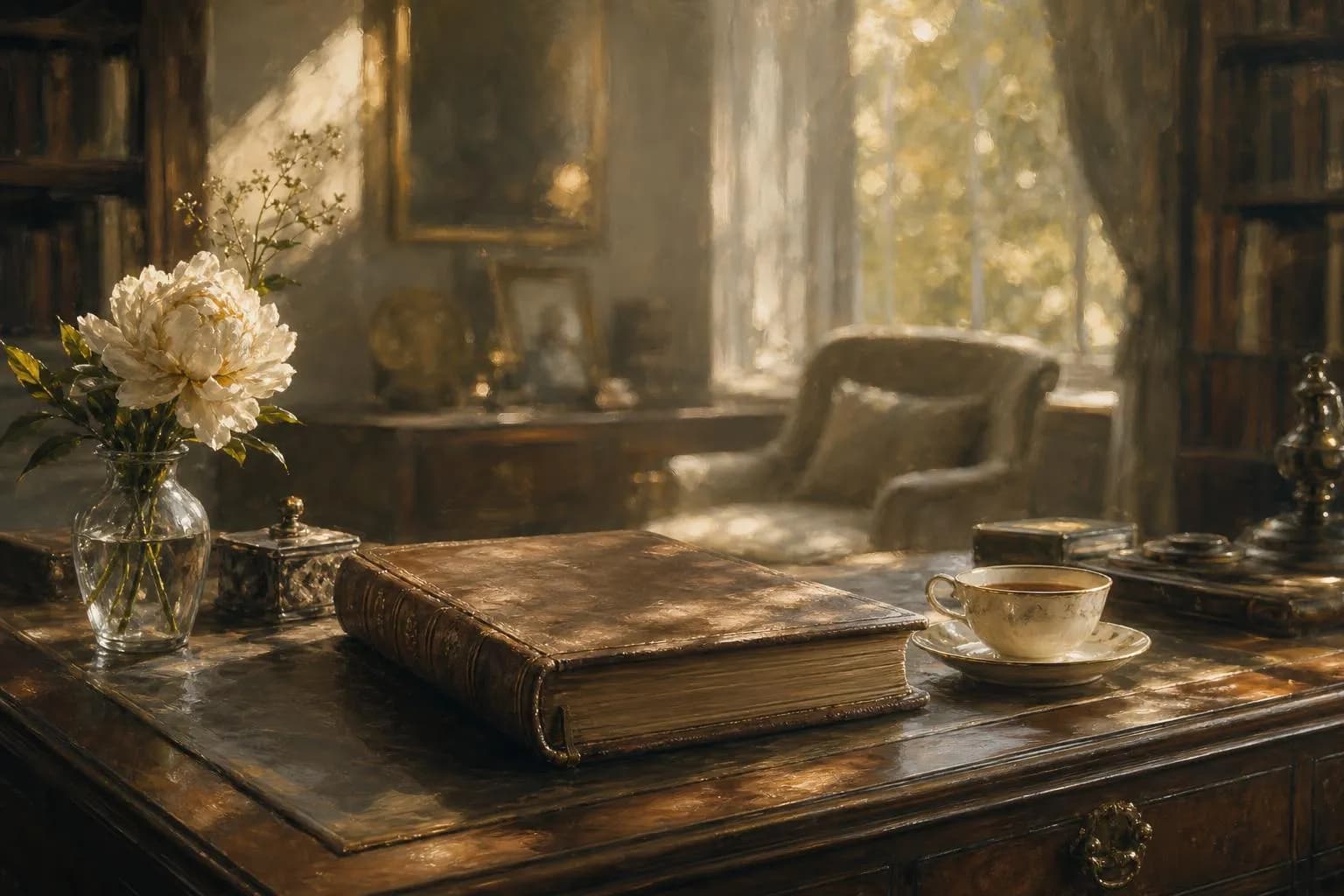 Peaceful study interior with soft light, ledger, and warm muted tones suggesting thoughtful financial stewardship.