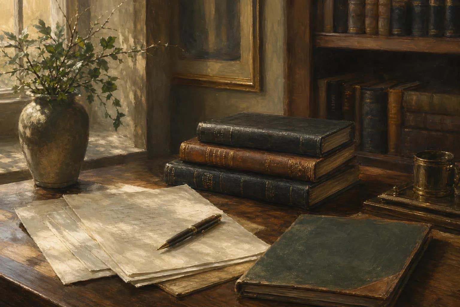 Soft-focus study with documents and books in warm, muted afternoon light, suggesting careful financial planning.