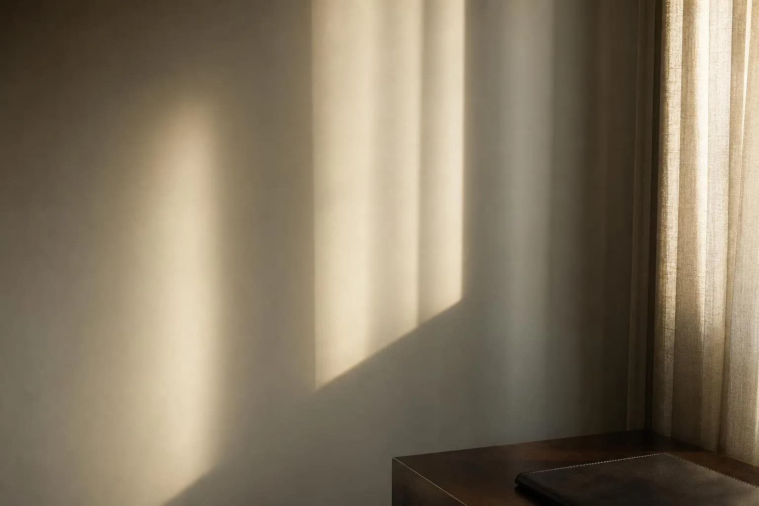 Soft afternoon light filtering through sheer curtains, casting delicate shadows across a minimalist wall.