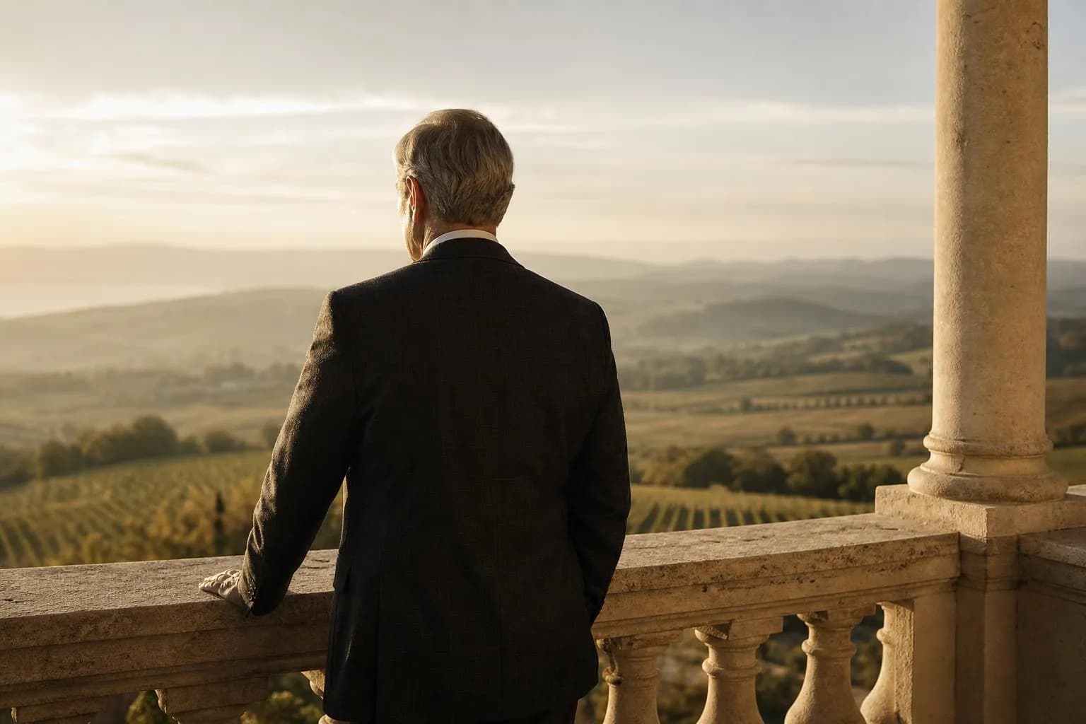 Solitary figure at rest overlooking European countryside landscape at golden hour