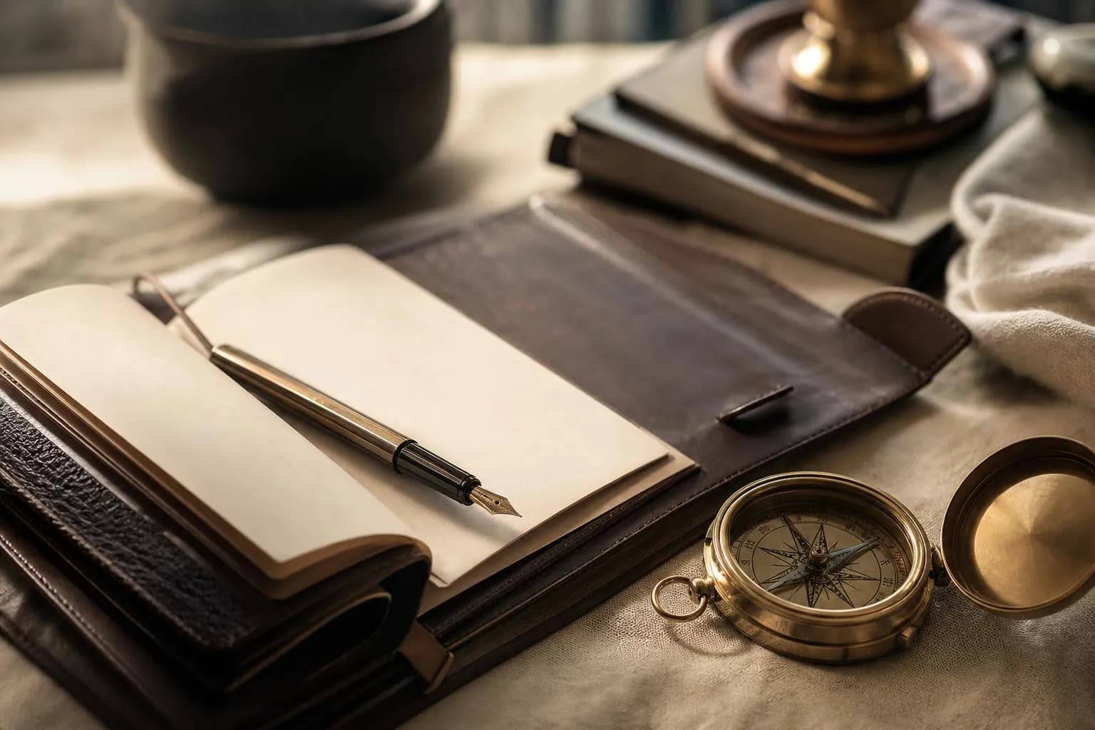 Leather portfolio with fountain pen and brass compass on linen, soft natural light.