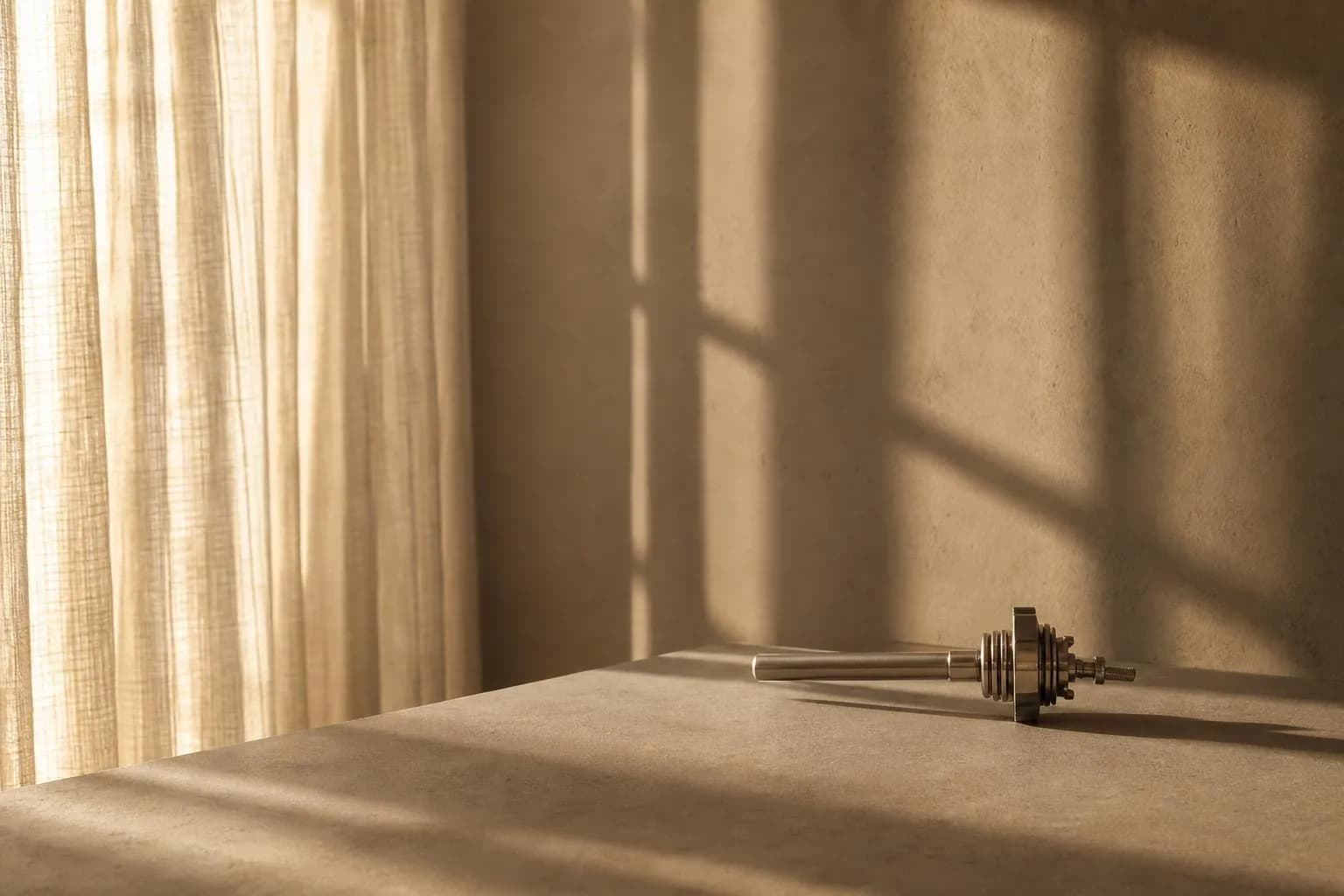 Warm sunlight through sheer curtains casting soft shadows on a pale wall, with a single metallic object catching reflection.
