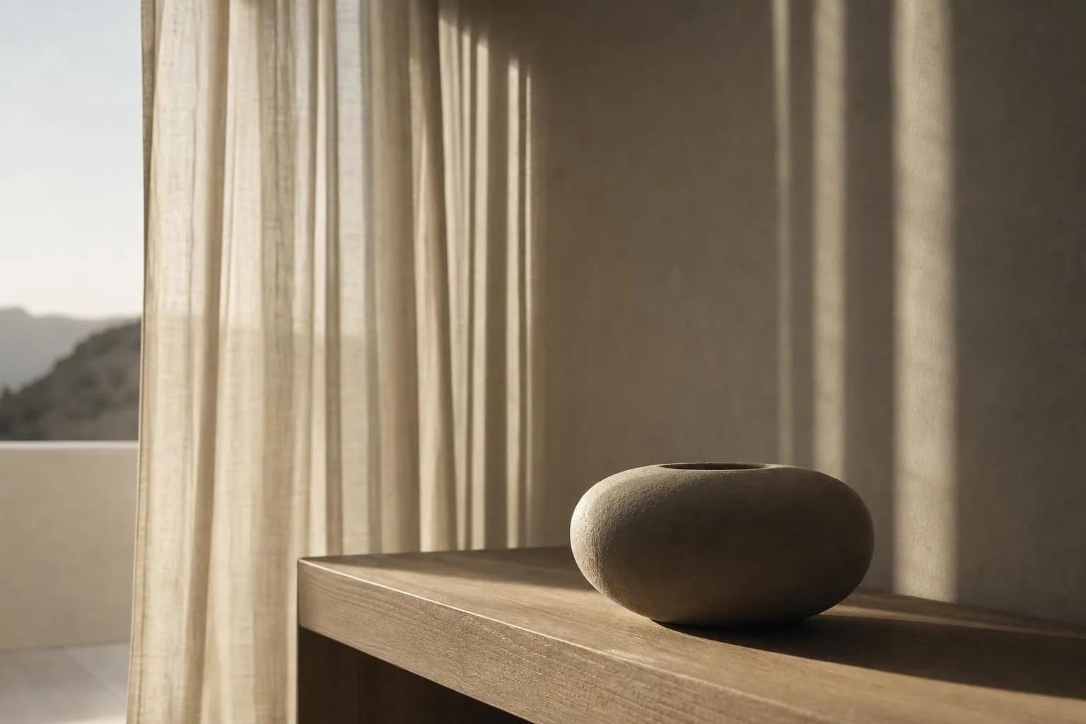 Sunlight through sheer curtains casts soft shadows on a minimal interior wall and surface