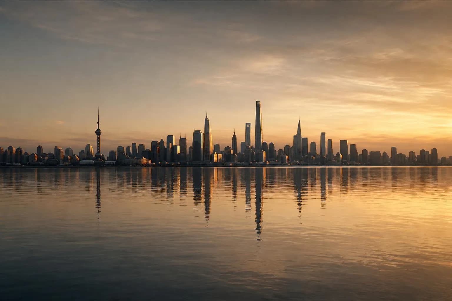 Distant city skyline reflected in calm water at dusk, viewed across a quiet expanse.