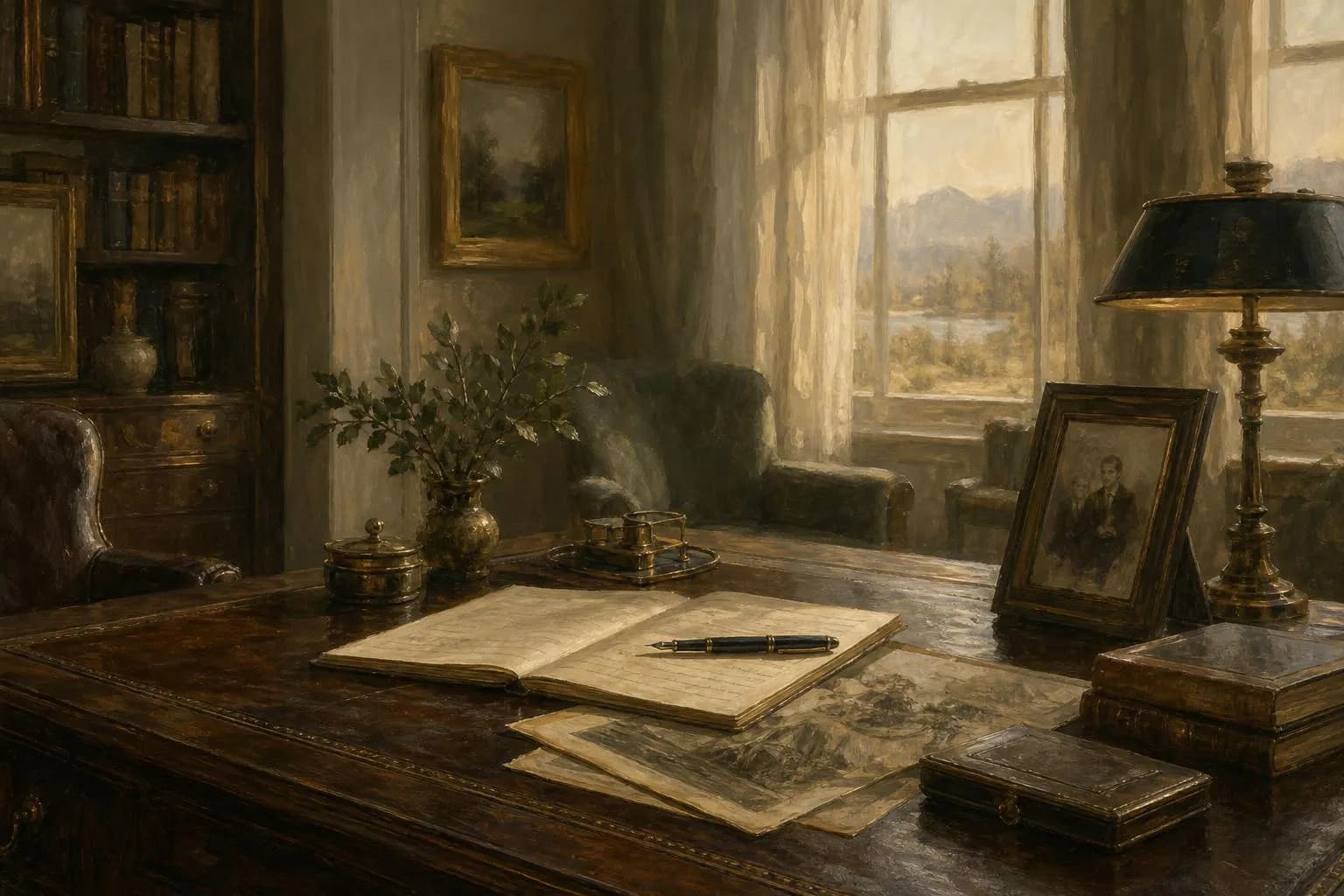 A quiet, light-filled study room rendered in soft muted tones, suggesting legacy and careful stewardship across generations.
