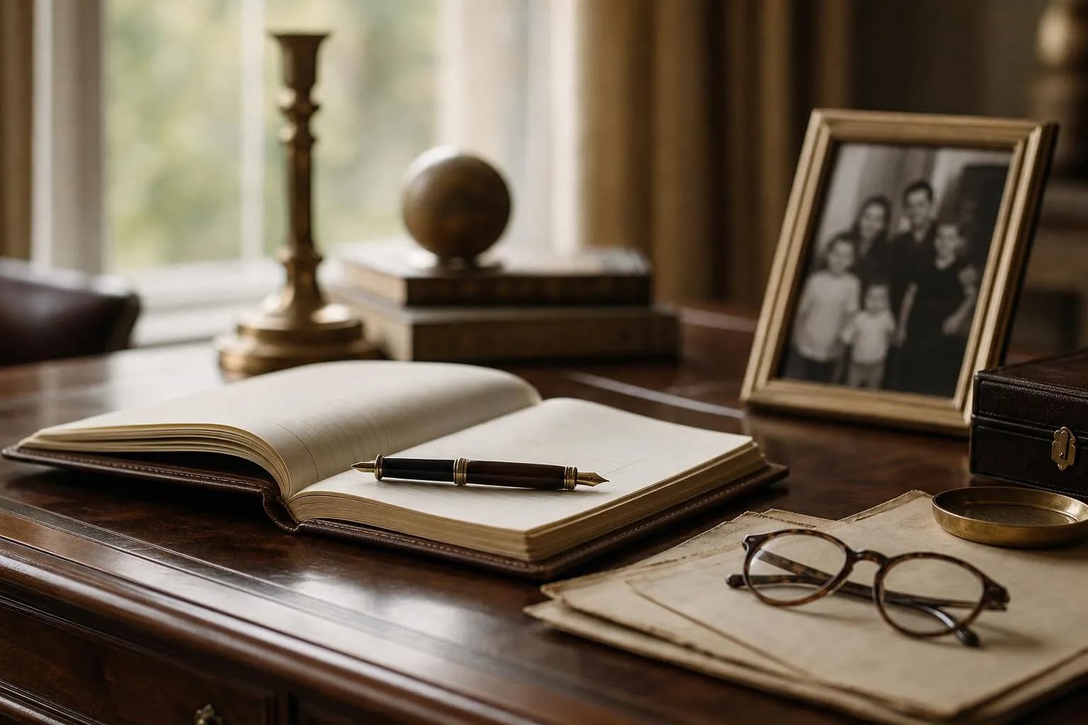 Leather journal and fountain pen on a mahogany desk with soft natural light and a framed family photo.