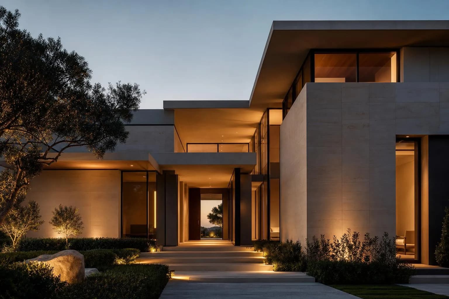 Modernist villa facade at dusk with geometric lines and warm interior light.