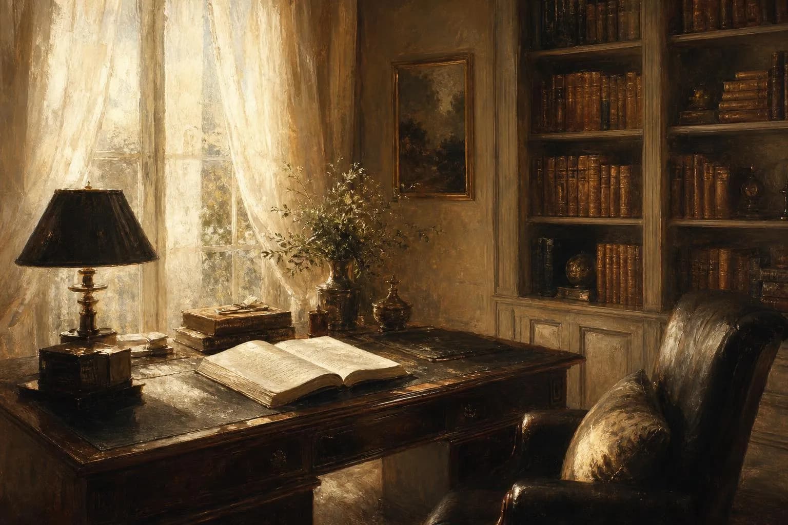 Sunlit study with open book and leather volumes, painted in soft impressionistic tones