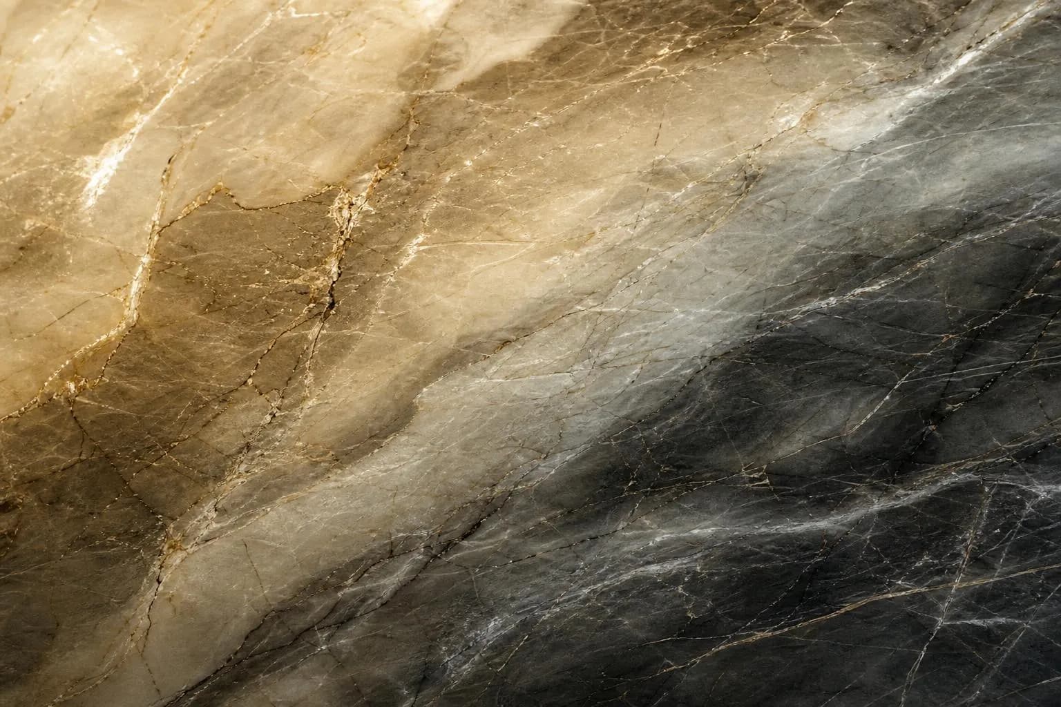 Close-up of white and grey veined marble with raking light revealing intricate textures and patterns