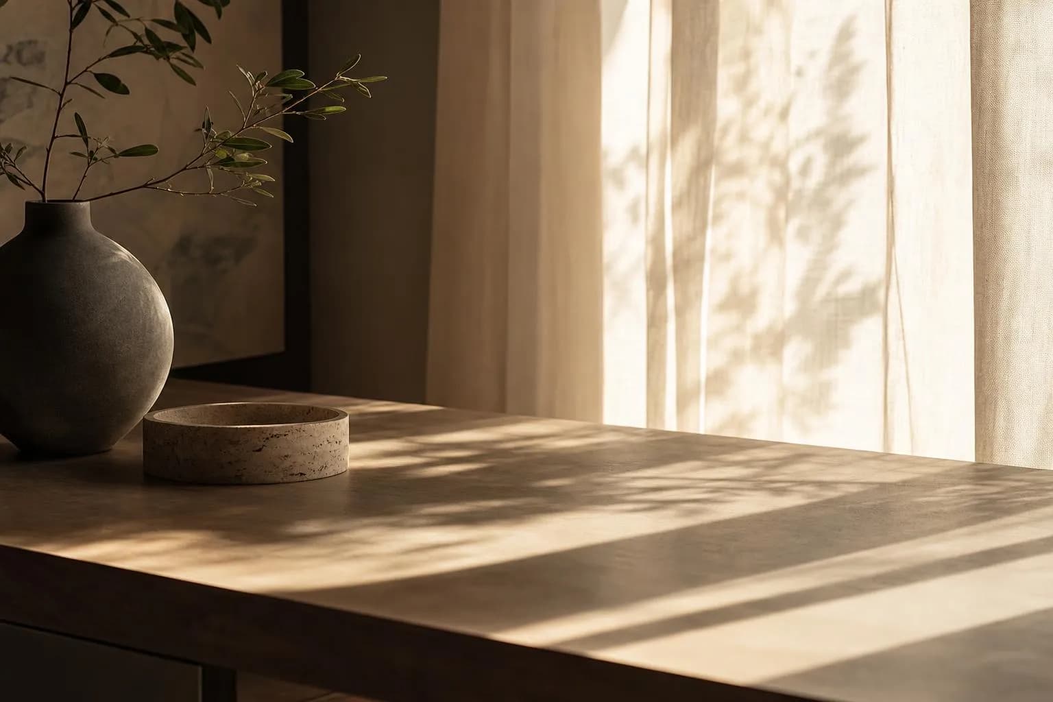 Minimalist scene of soft sunlight filtering through sheer curtains onto a wooden surface, creating abstract shadows and warm light.