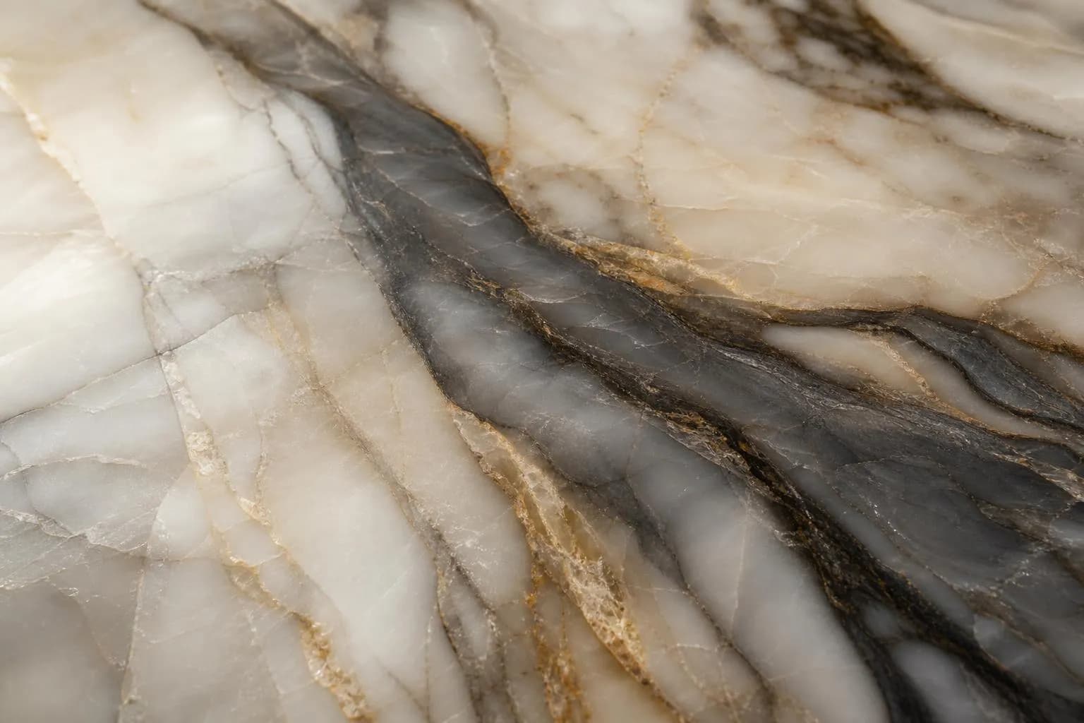 Close-up of polished marble with deep grey veining and soft highlights