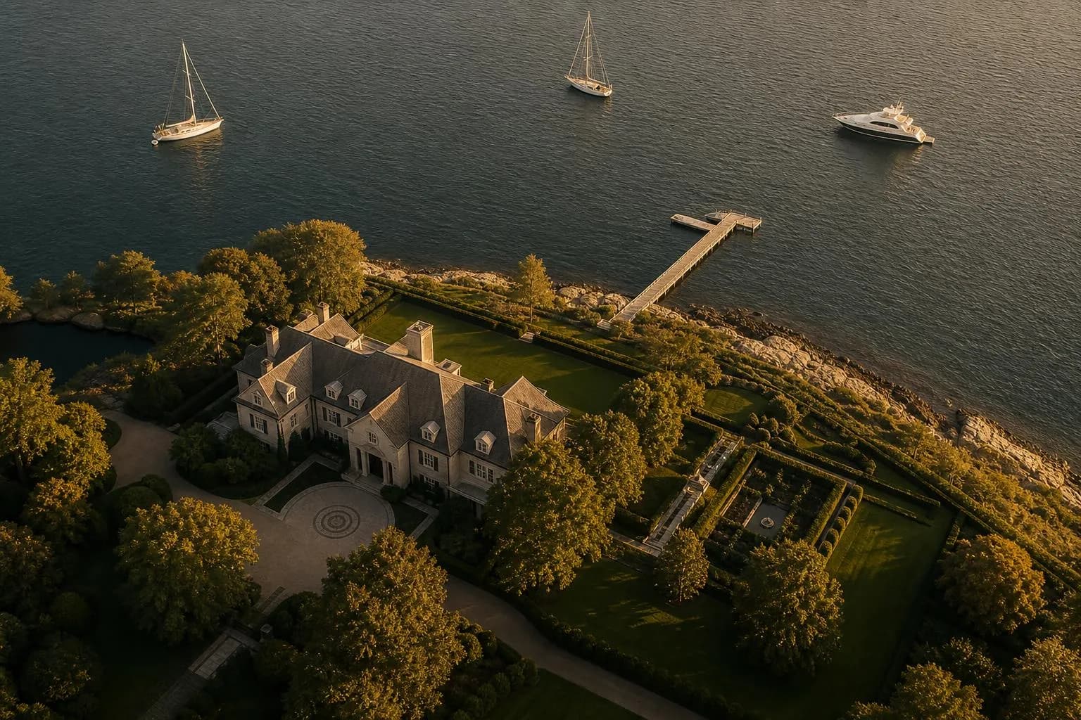 Aerial view of a coastal estate with gardens and private dock at golden hour