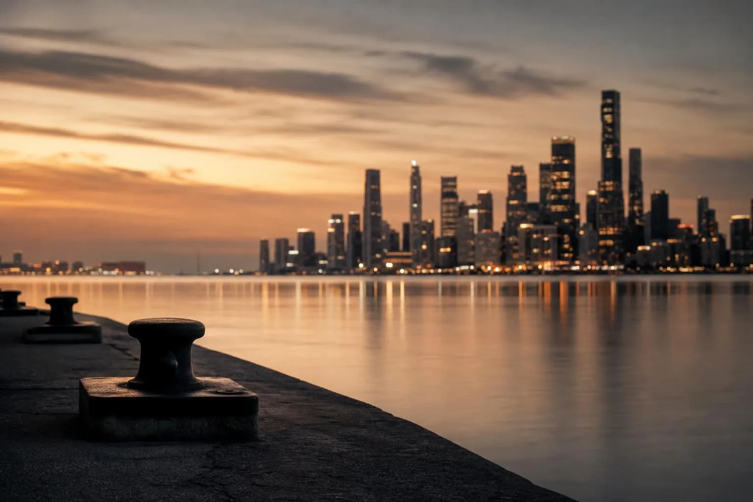 Calm waterfront at dusk with distant city lights reflecting on still water.