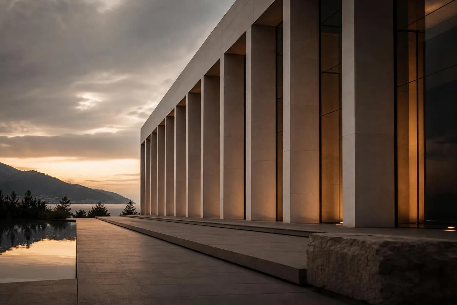 Minimalist modernist architecture with clean geometric lines at dusk, emphasizing precision and structure