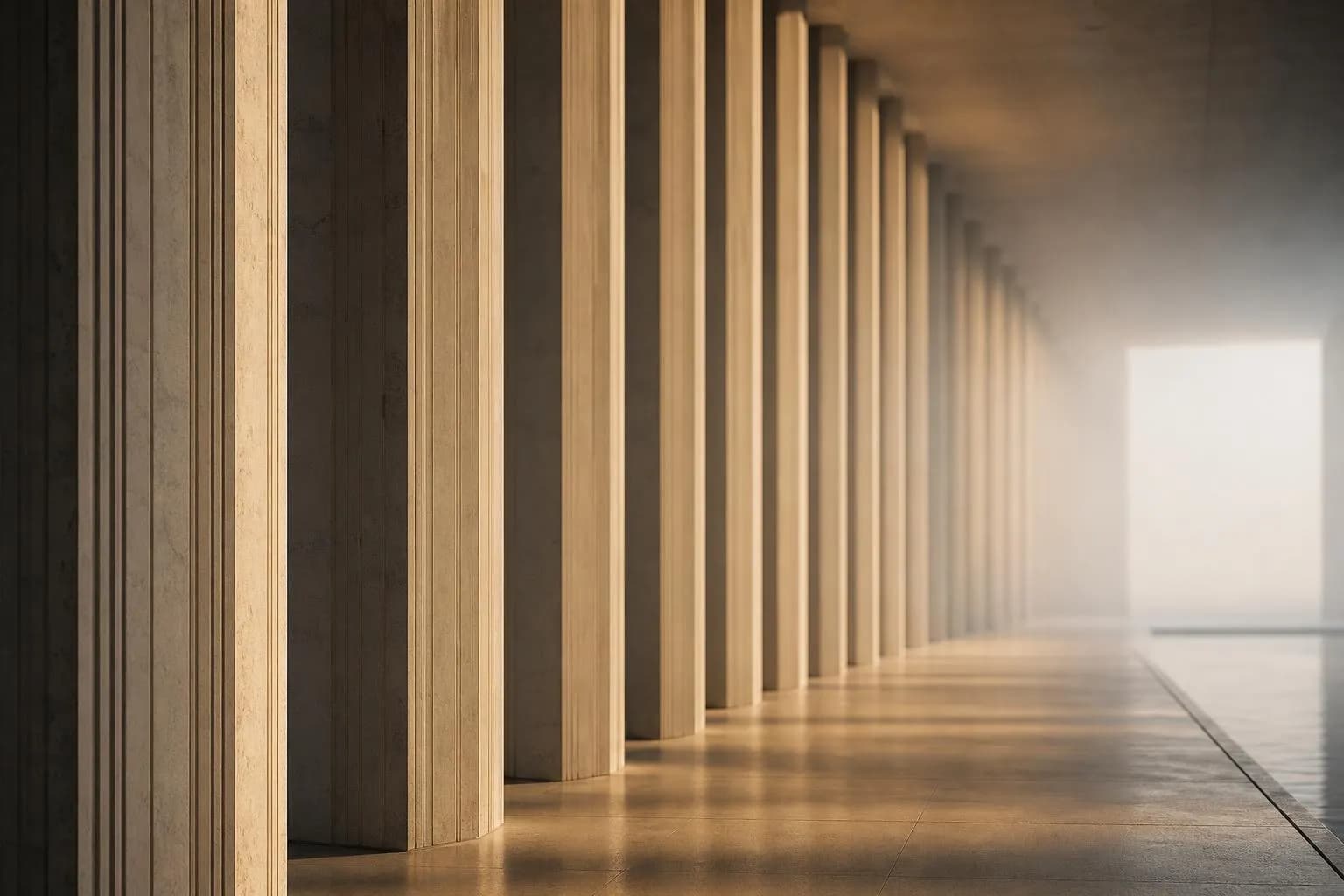 Modernist concrete colonnade with rhythmic vertical lines and graduated focus, emphasizing structure and uncertainty.
