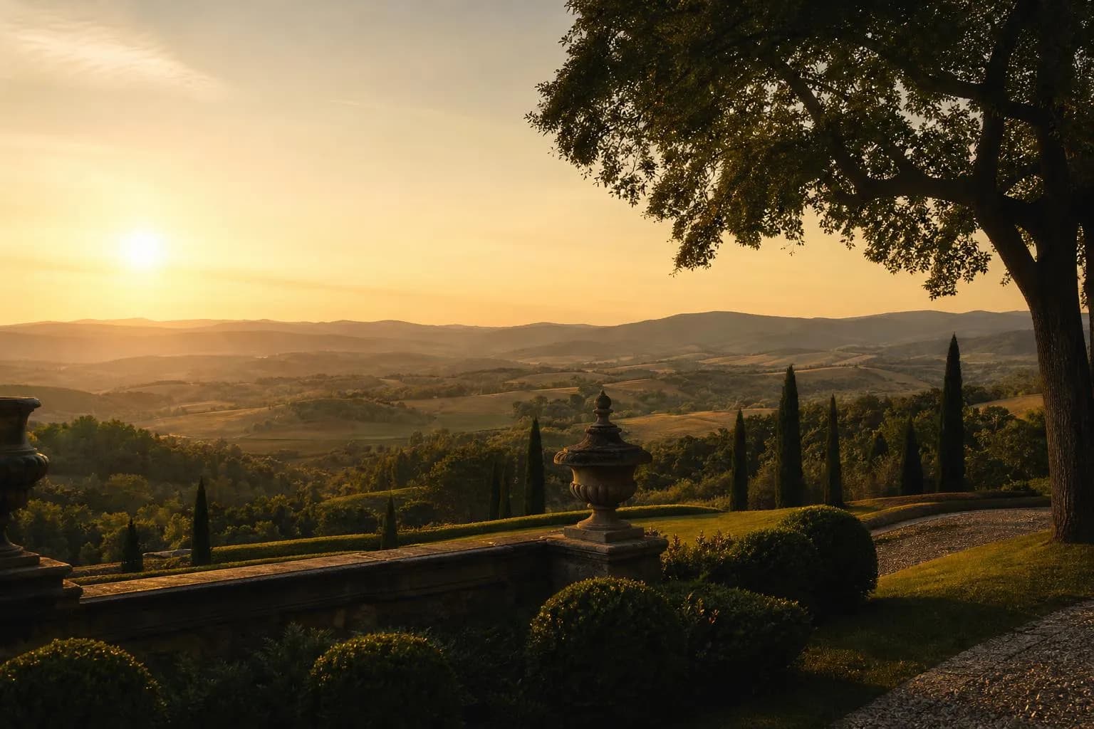 Expansive private estate grounds at golden hour, soft amber light on rolling landscape.