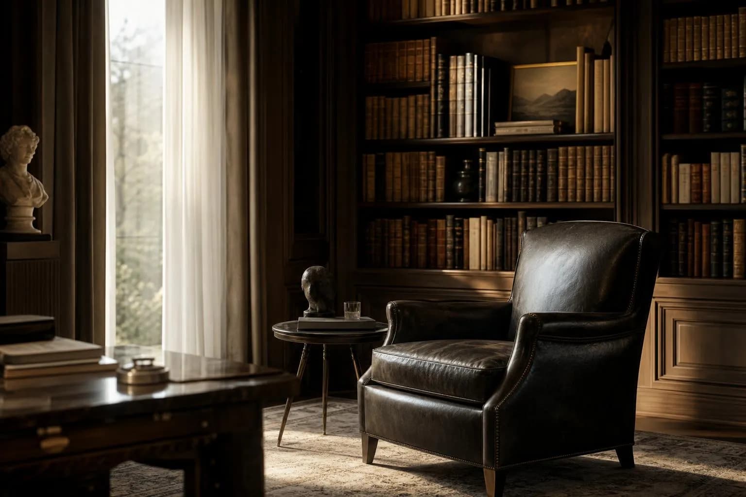 A serene private library with leather chairs, wood shelving, and warm natural light filtering through windows.