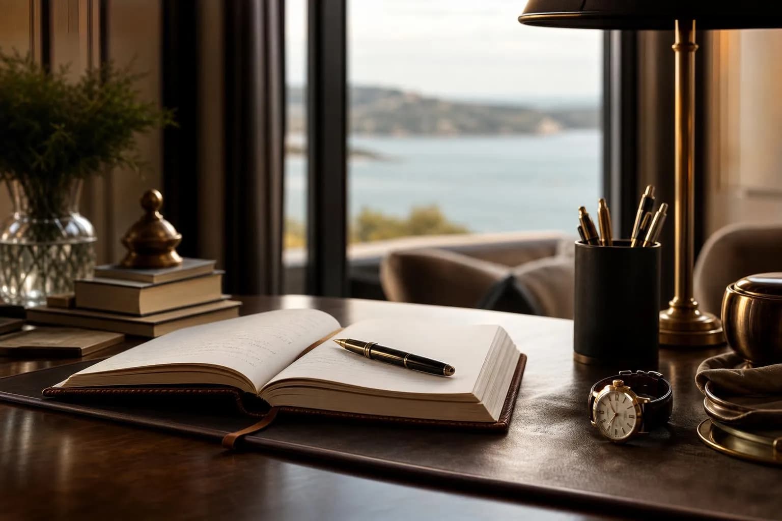 A refined desk with timepiece, journal, and pen in soft natural light overlooking calm waters.