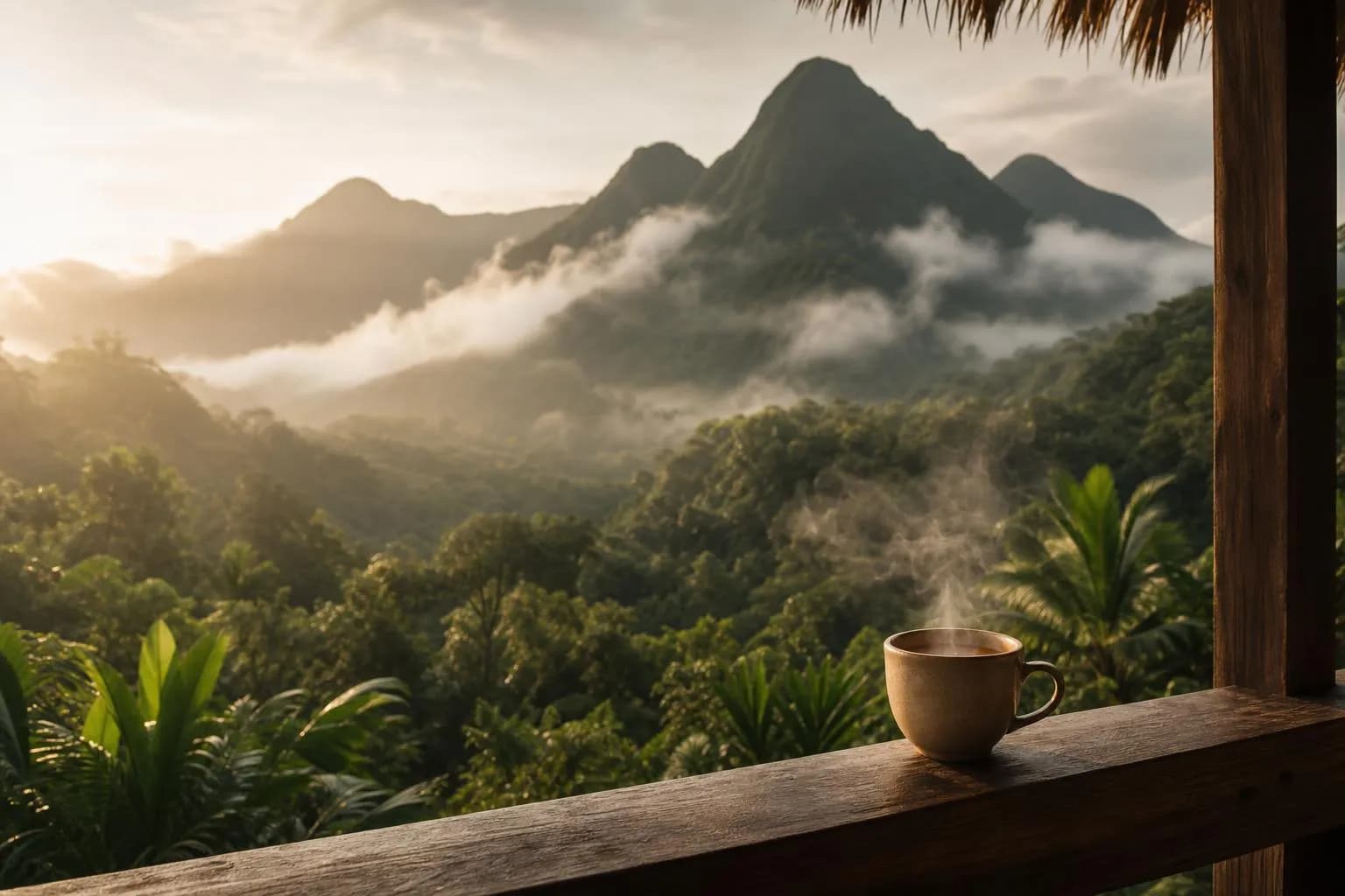 Misty Dominica rainforest at dawn with eco-lodge terrace and coffee cup overlooking volcanic peaks