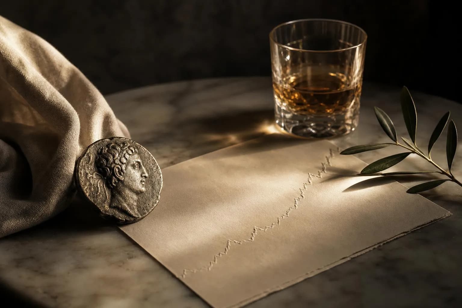 Still life with Greek artifact, financial paper, olive branch, and glass on marble surface in warm light.