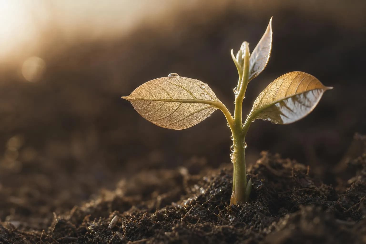 Macro detail of new sapling growth with dew droplets and morning light, symbolizing emerging opportunity and patient capital building