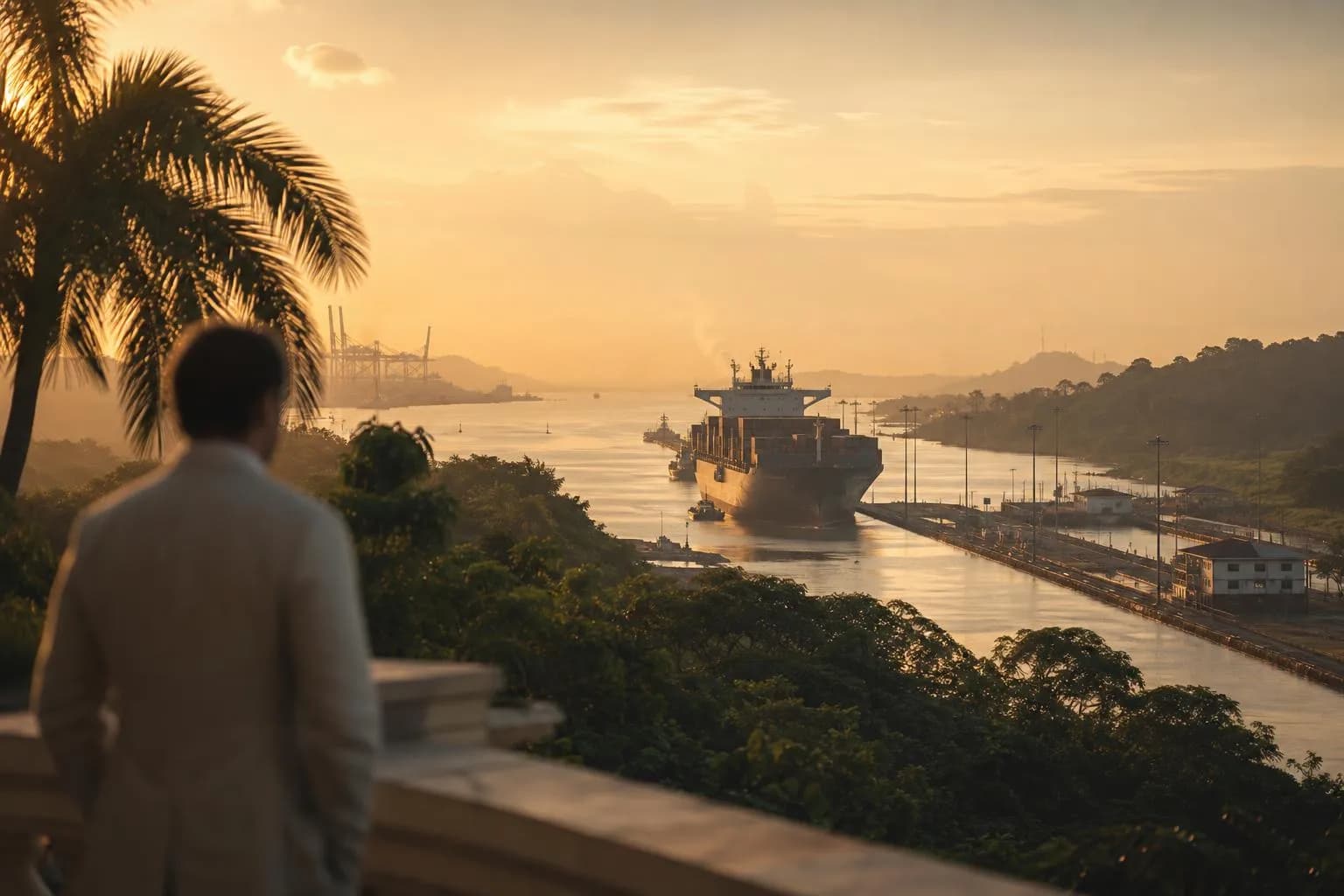 Panama Canal at sunrise with a ship in transit, framed by tropical growth and port structures in soft light