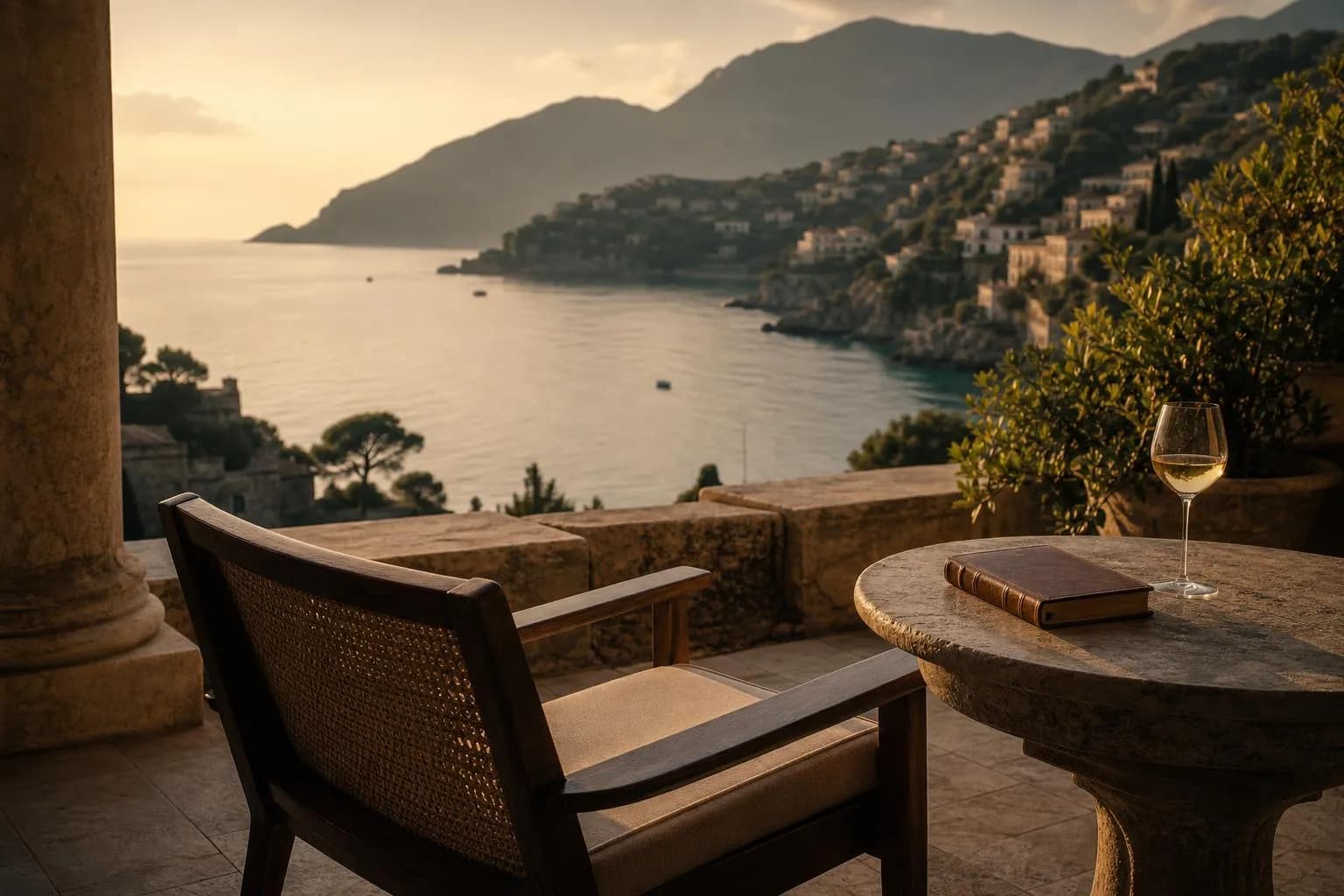 Serene Mediterranean terrace at sunset with book and wine glass overlooking calm bay waters