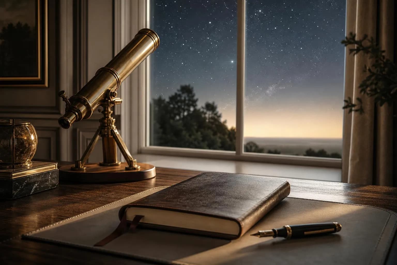 Brass telescope and leather journal on a sunlit desk, window view of night sky