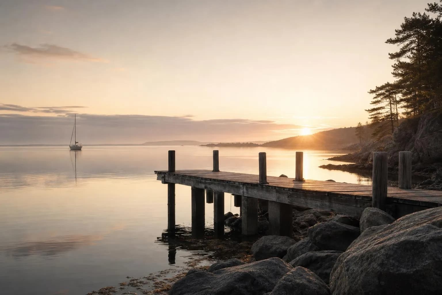 Serene coastal pier at dawn with calm water and distant sailboat on horizon
