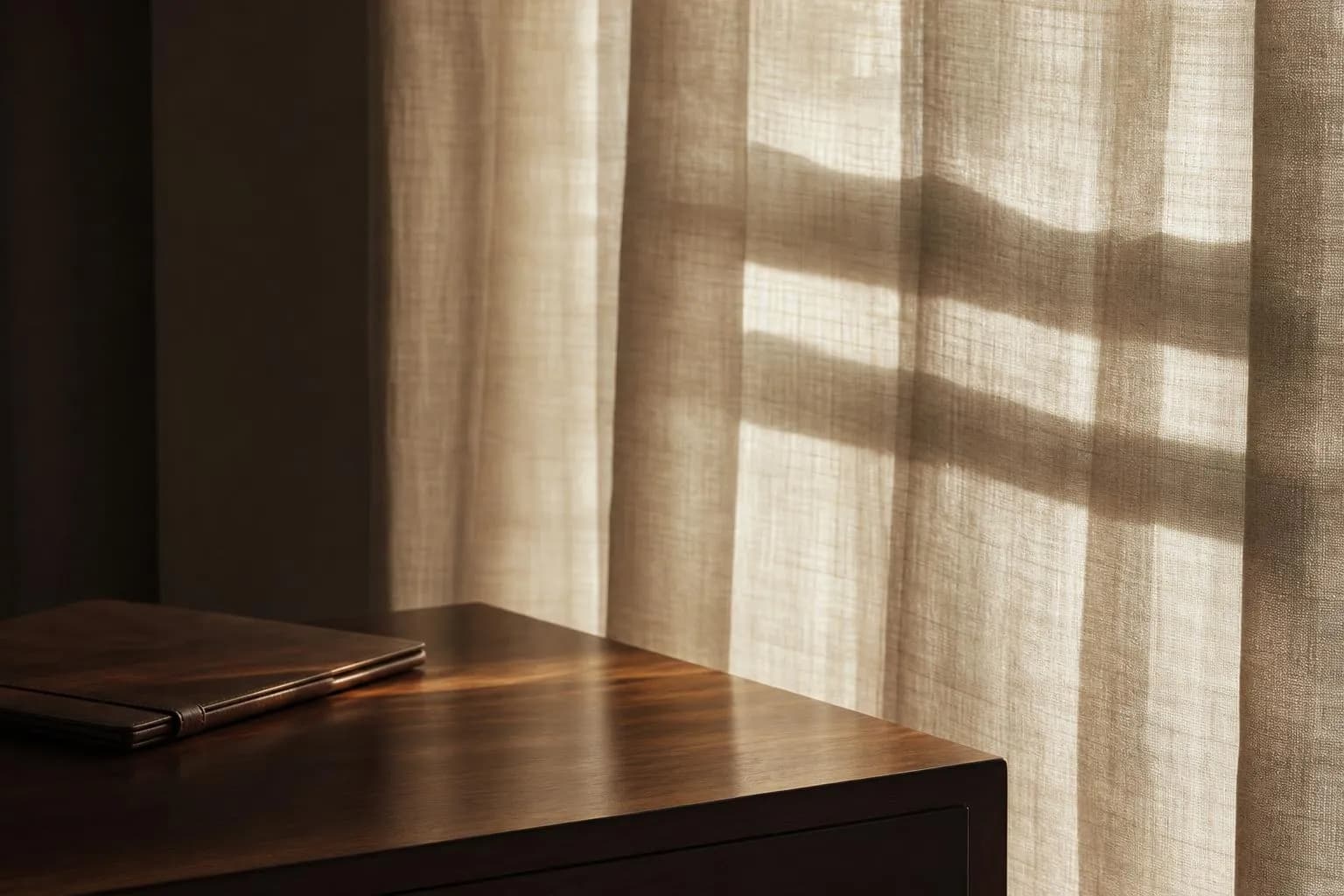 Diffused sunlight through linen curtains casting soft shadows on wooden surface, suggesting quiet analysis and complexity.