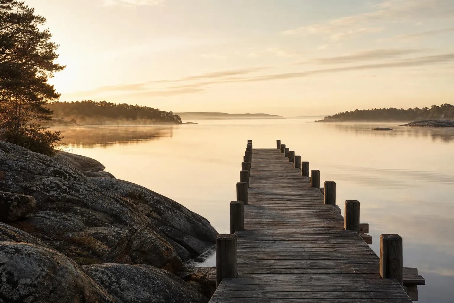 Misty coastal dawn with a wooden pier extending into still water, conveying stability and measured growth.