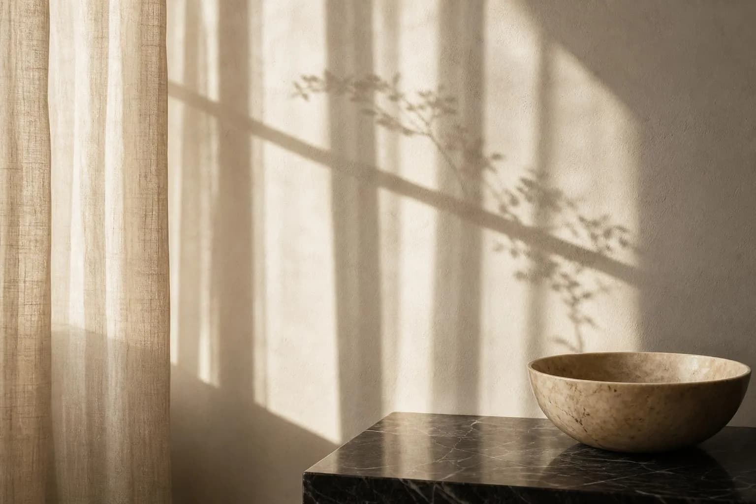 Sunlight filtering through sheer curtains casts soft shadows on a minimal wall surface