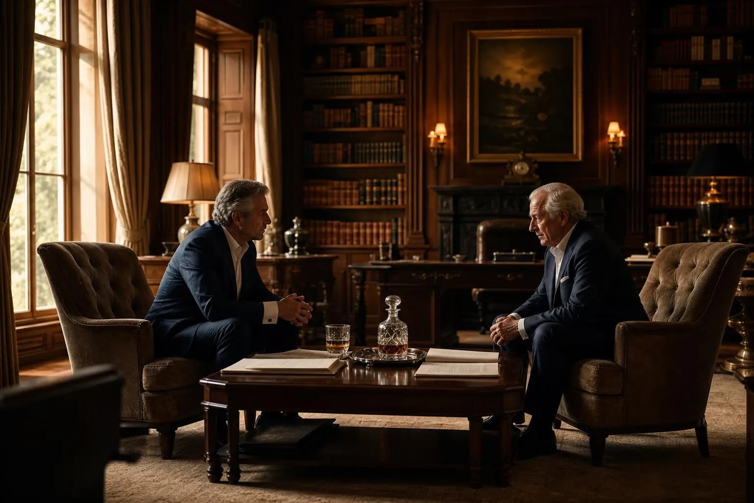 Private library with two chairs arranged for conversation, documents, and crystal glassware in warm afternoon light.