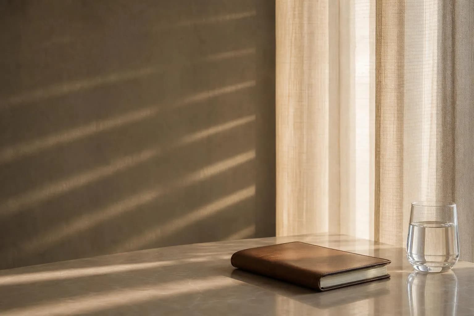 Soft sunlight filters through sheer curtains, casting subtle shadows across a plain wall in a minimalist interior.