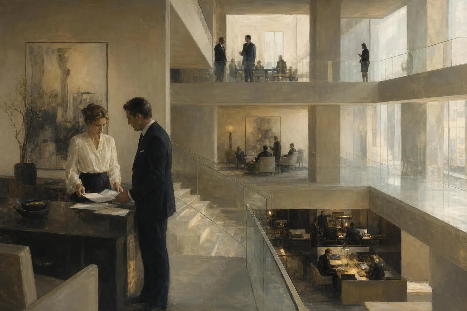 Impressionistic interior with layered architectural levels and figures at different depths, rendered in muted tones.