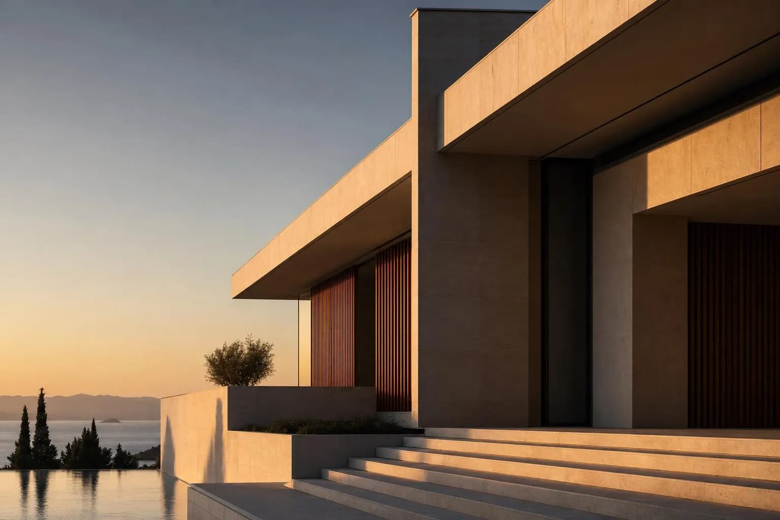 Modernist building facade with geometric planes and strong shadows, suggesting measured progression and hierarchy.