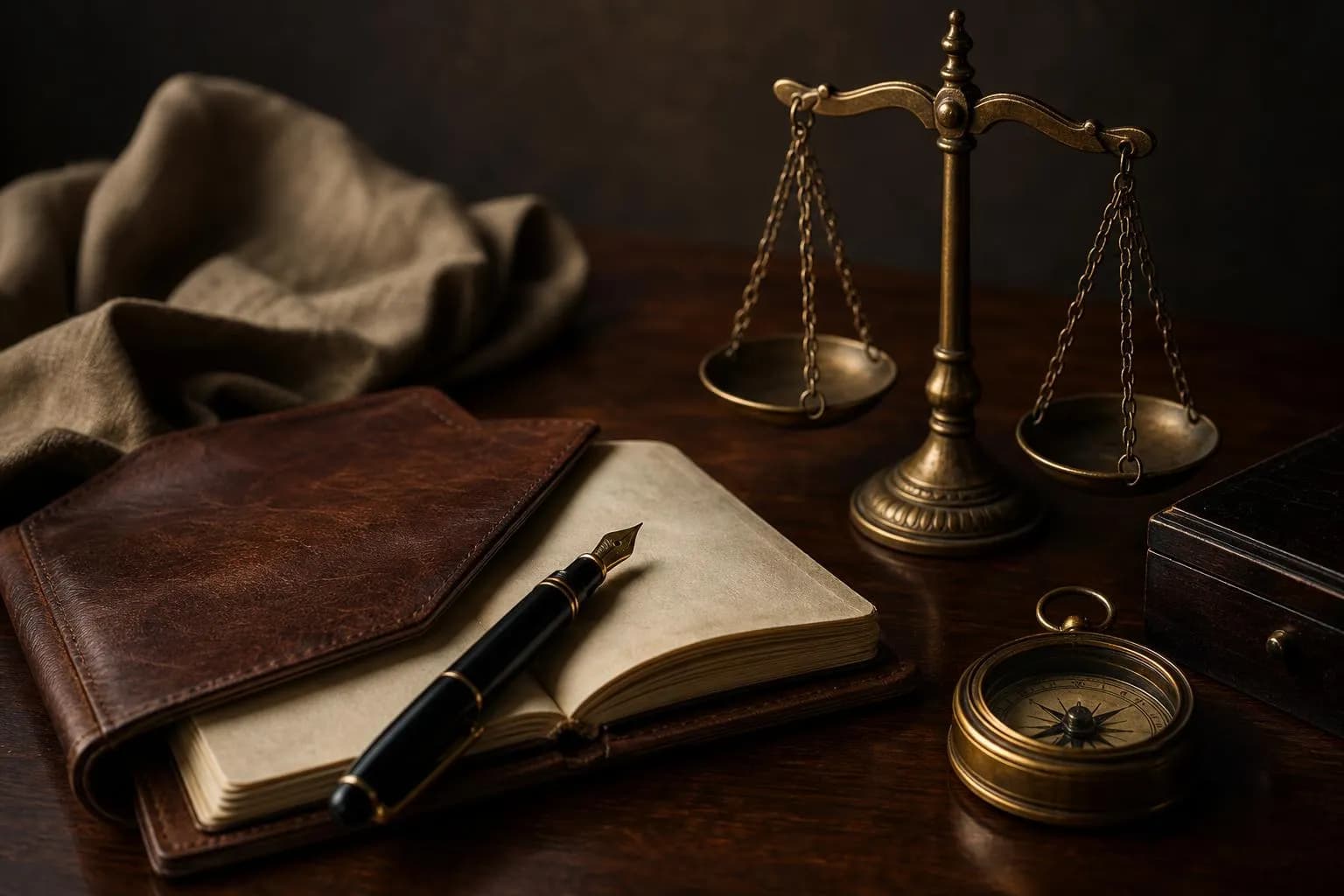 Still life arrangement of notebook, pen, scales, and compass on wooden table, suggesting deliberate judgment and decision-making
