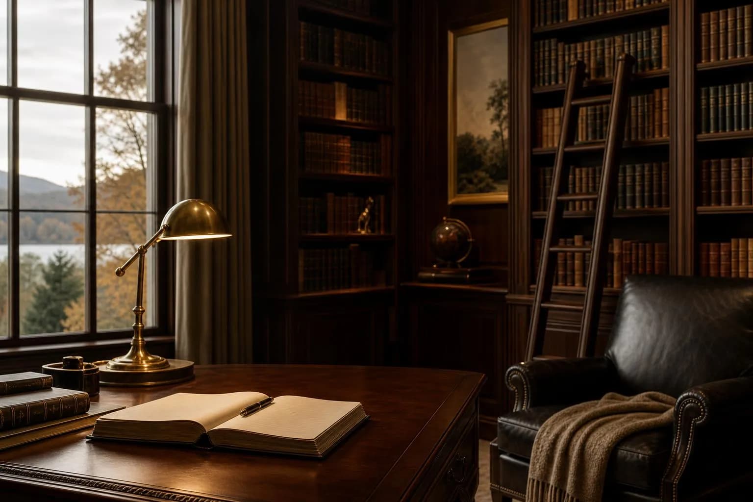 Sunlit private library with leather volumes, brass lamp, and open journal on wood table.