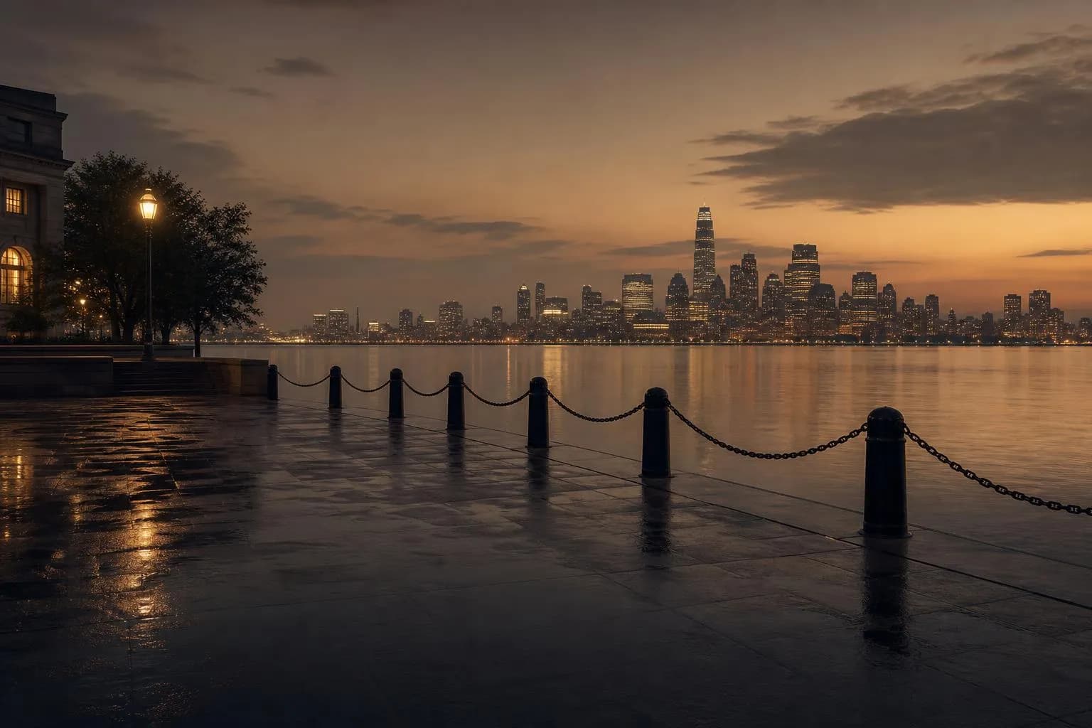 Distant city lights reflect across still water at dusk, horizon distant and quiet.