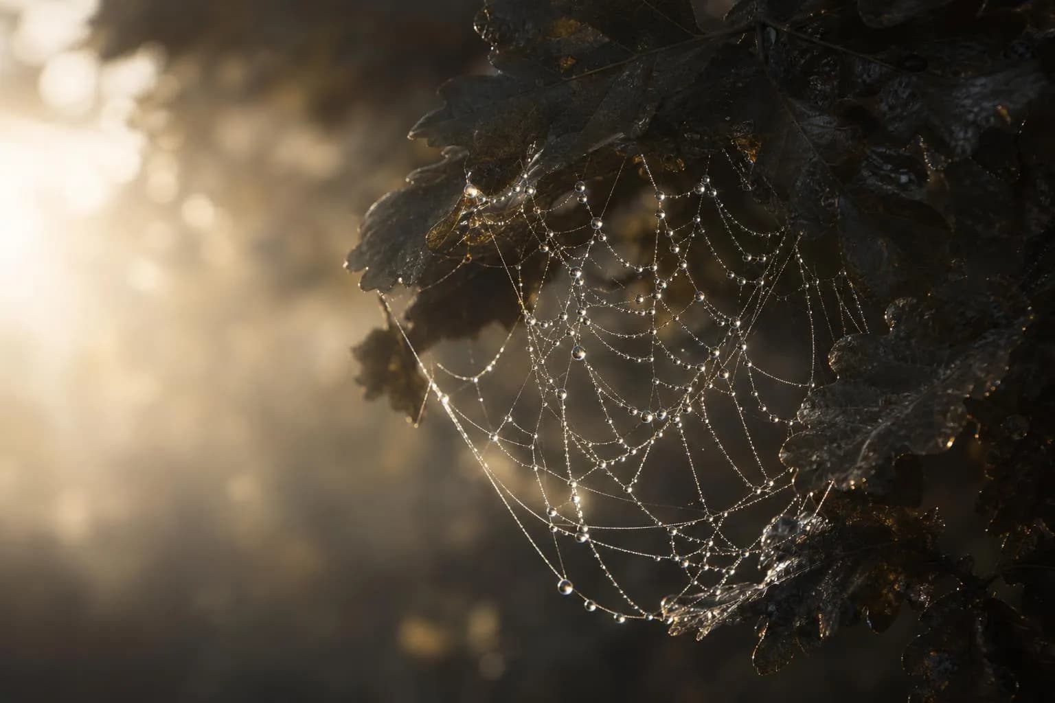 Dewdrops on a delicate spider web between oak leaves in soft morning light.