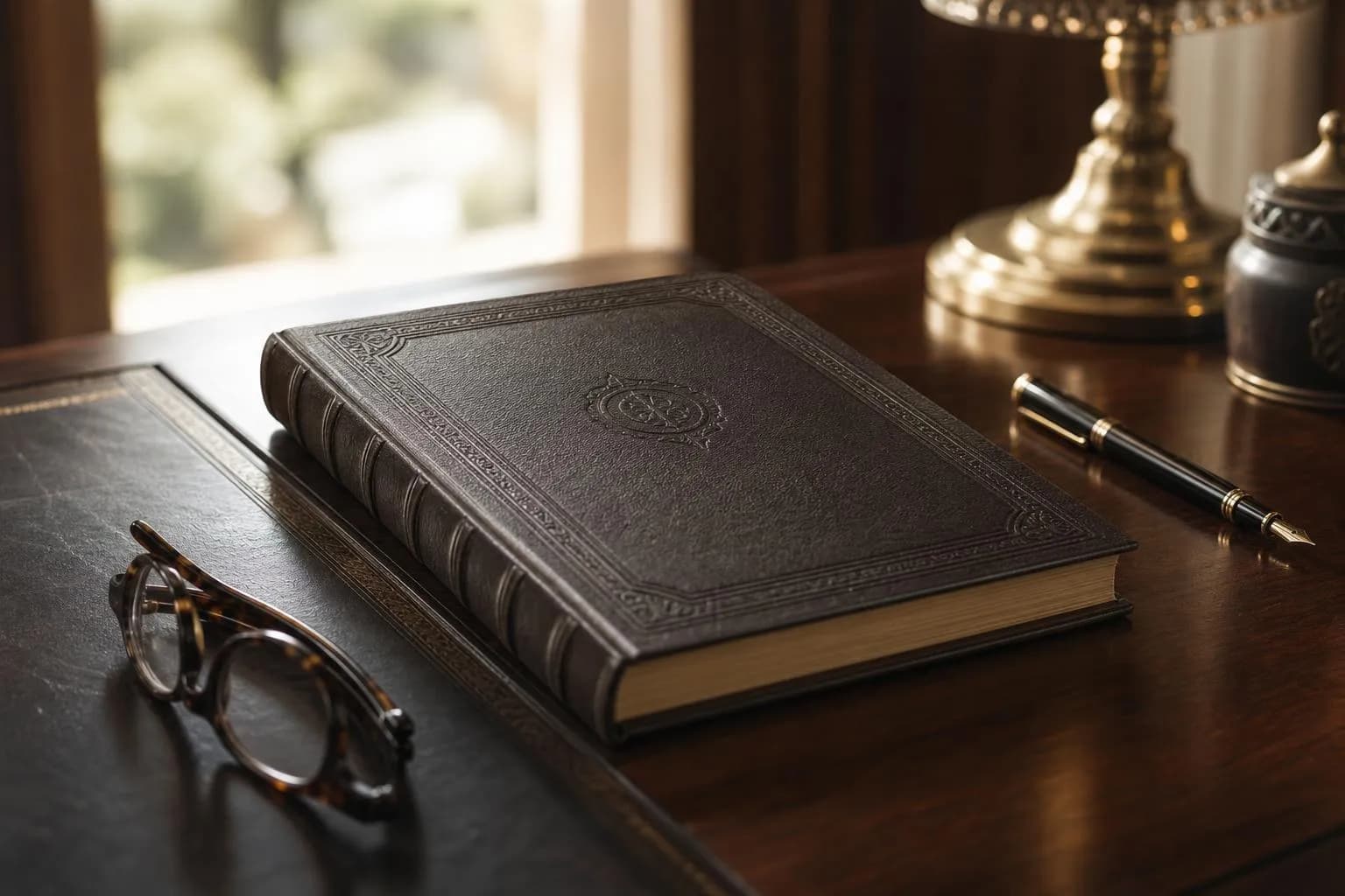 Leather estate planning document with fountain pen and glasses on mahogany desk in soft afternoon light