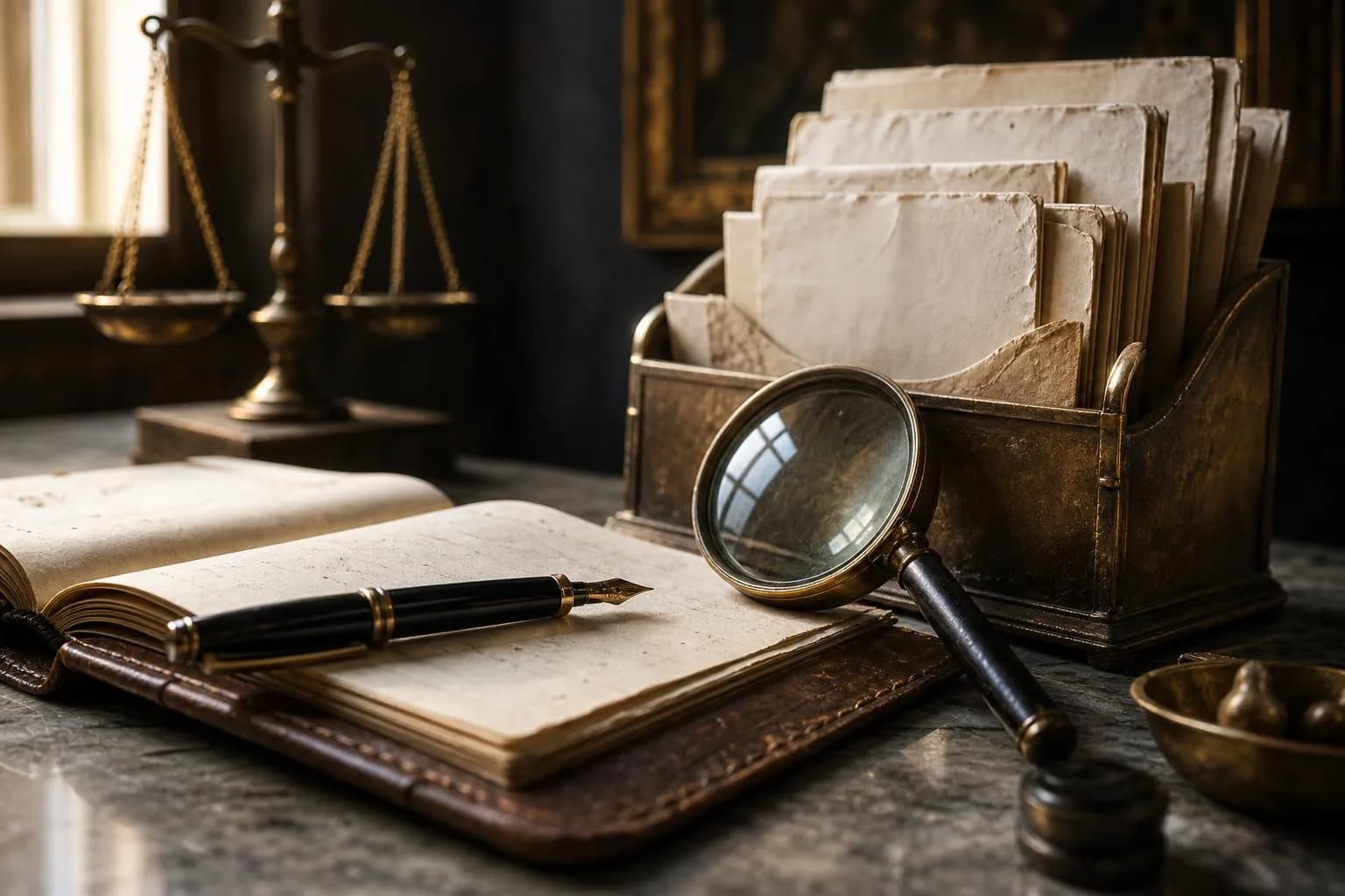 Leather ledger, magnifying glass, documents, and brass scale arranged on marble, suggesting careful legal and financial deliberation.