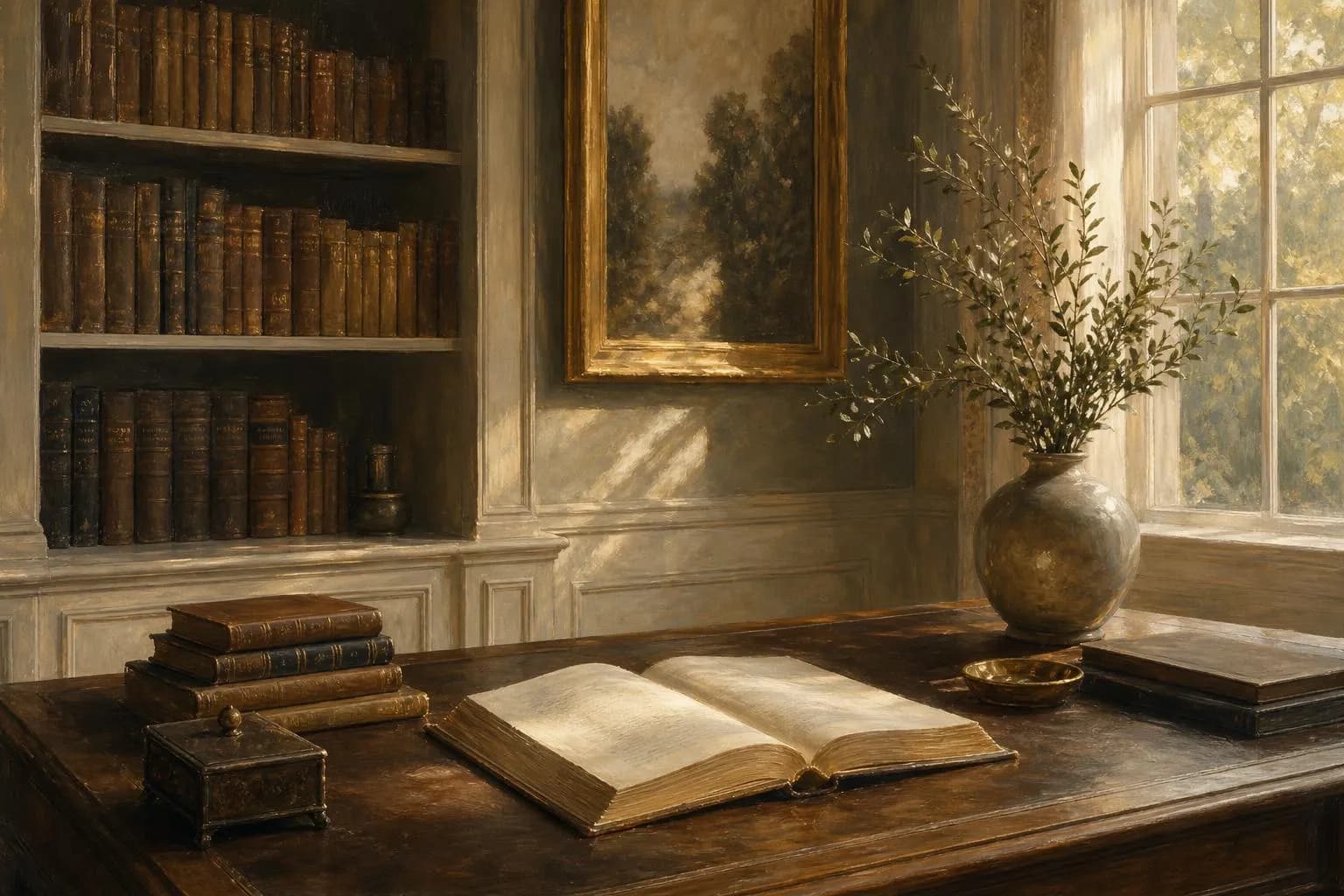Sunlit study with open book and shelves, rendered in soft, muted impressionist style