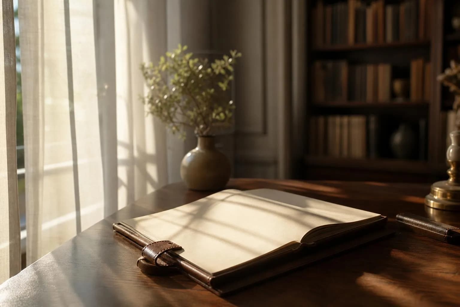 Soft sunlight through sheer curtains casting shadows on a desk with papers